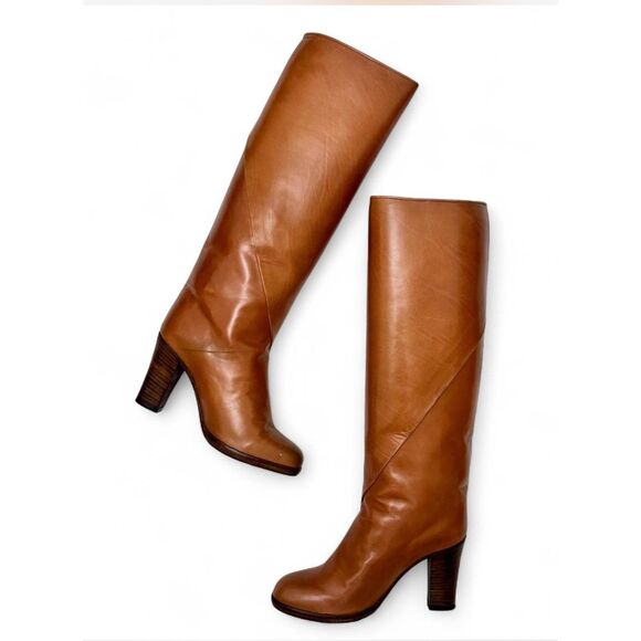 Women's Mullys Vintage Tan Leather Knee High Round Toe Heeled Boots - Size 4 - Picture 2 of 10